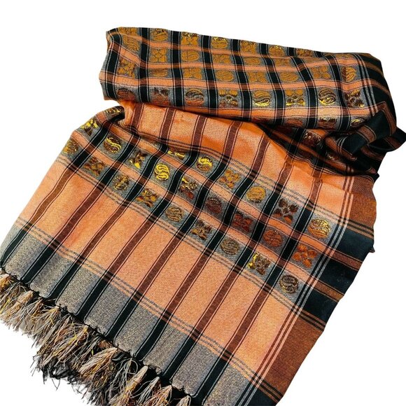 2 Plaid Decorative Tablecloth Black Orange Red Green Metallic Appliqués u - Picture 2 of 11